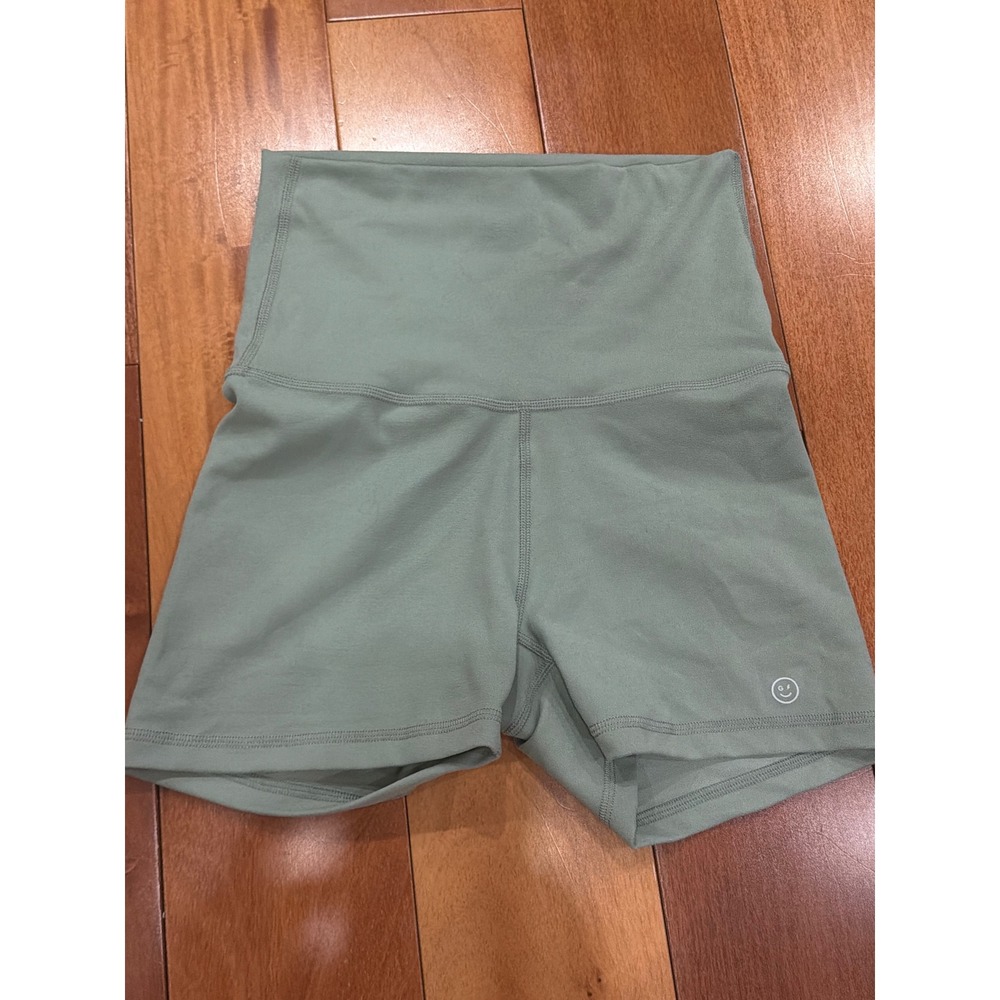 Gilly Hicks Biker Shorts Womens Sage Green High Waisted Smiley Logo Small - Picture 1 of 8